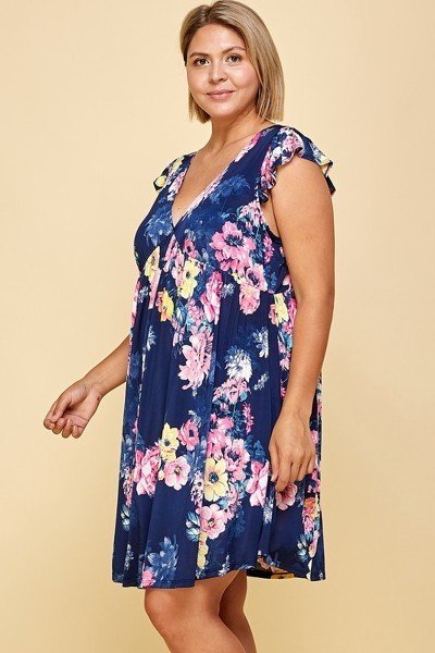 plus Size Floral Venechia Printed Deep V Neckline Swing Dress