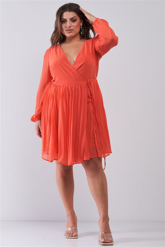 Plus Wrap Deep V-neck Long Puff Sleeve With Elasticated Cuff Pleated Mini Dress