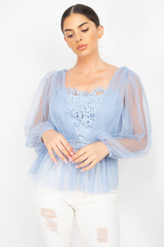 Sheer Mesh Crochet Peplum Top