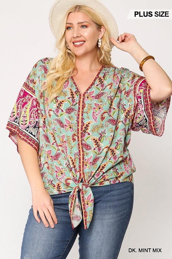 Paisley Printed V-neck Top With Front Tie