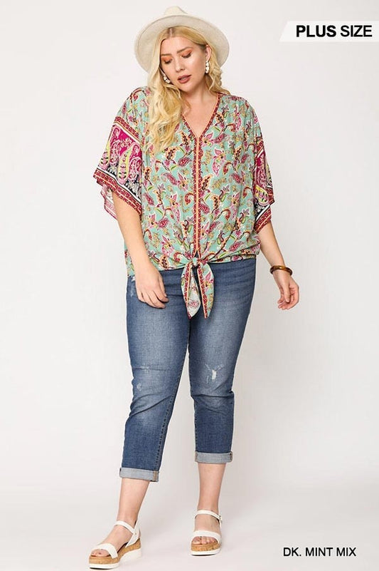 Paisley Printed V-neck Top With Front Tie