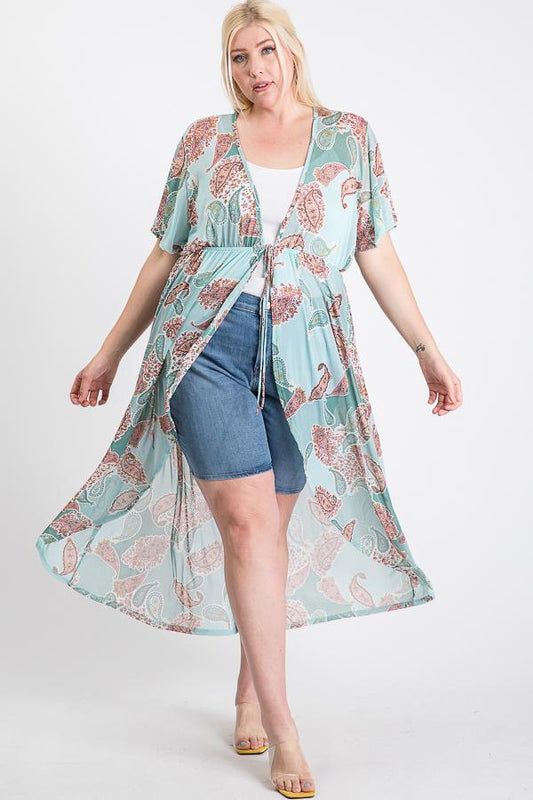 Short Sleeves Long-line Printed Mesh Open Cardigan