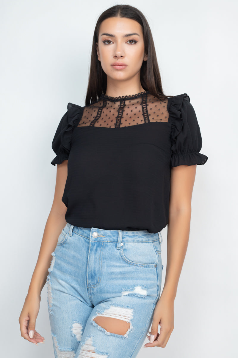 Dot Mesh Ruffled Sleeve Blouse