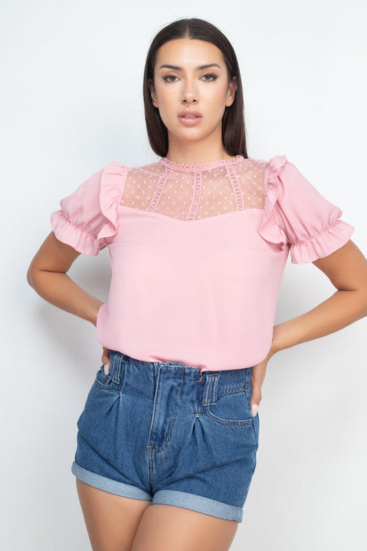 Dot Mesh Ruffled Sleeve Blouse