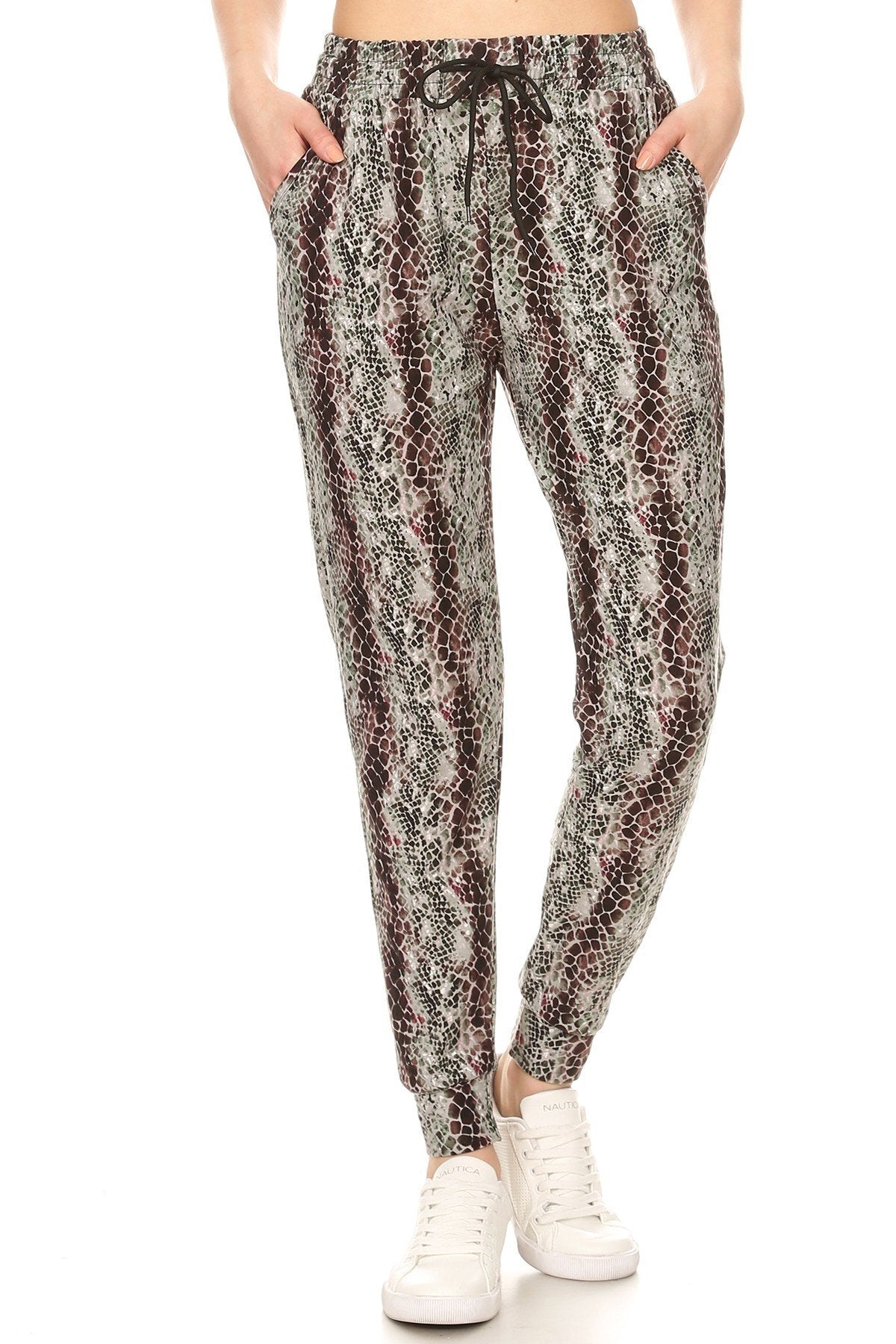 Snakeskin Printed Joggers With Solid Trim, Drawstring Waistband, Waist