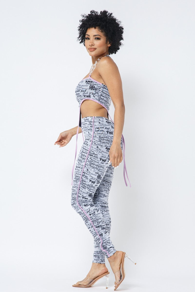 Mesh Print Crop Top With Plastic Chain Halter Neck With Matching Leggings