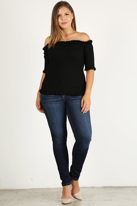 Plus Size Rib Knit Off Shoulder Short Sleeve Top