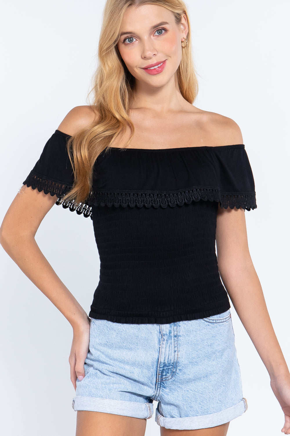 Off Shoulder W/lace Smocked Top