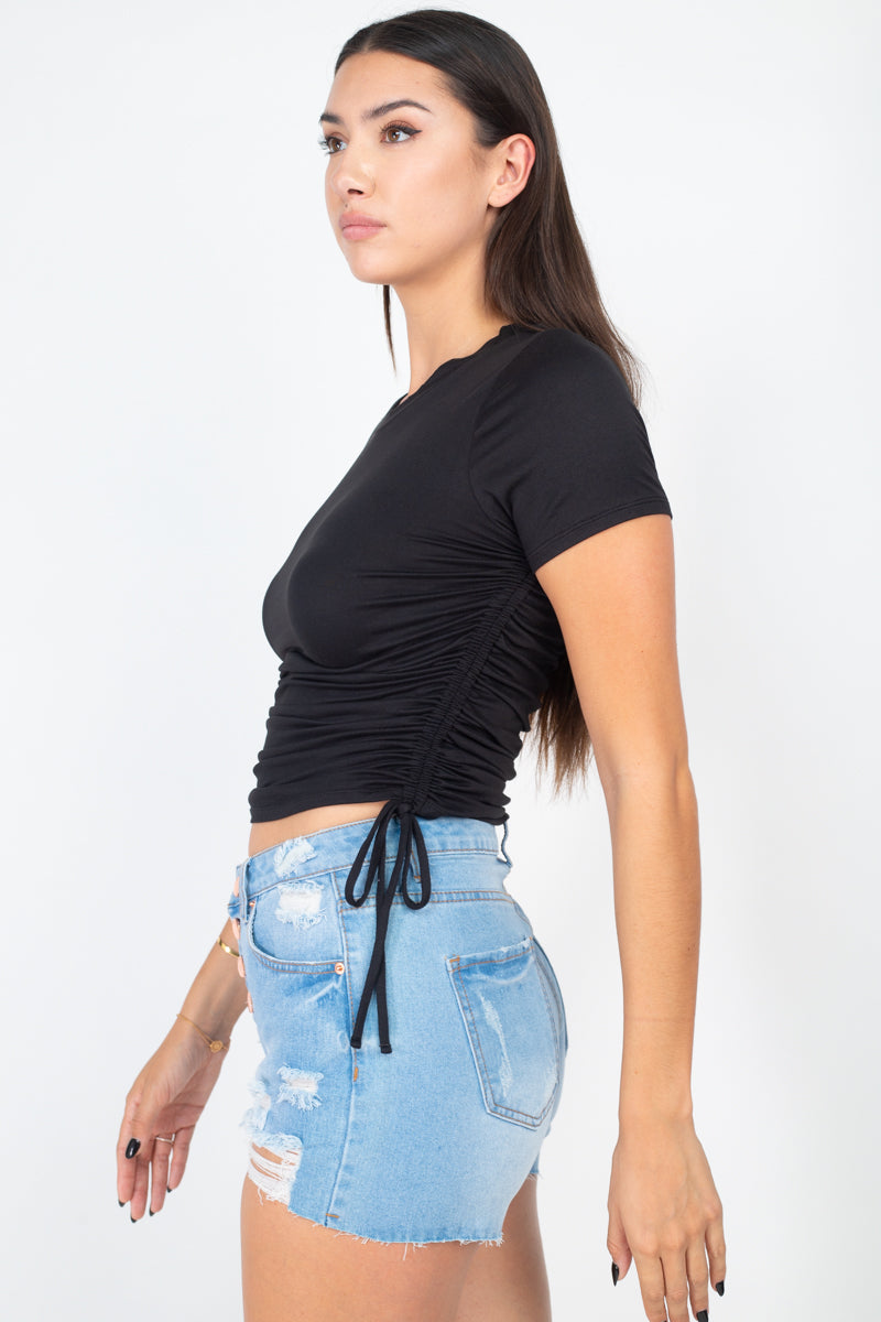 Ruched Sides Drawstring Crop Top