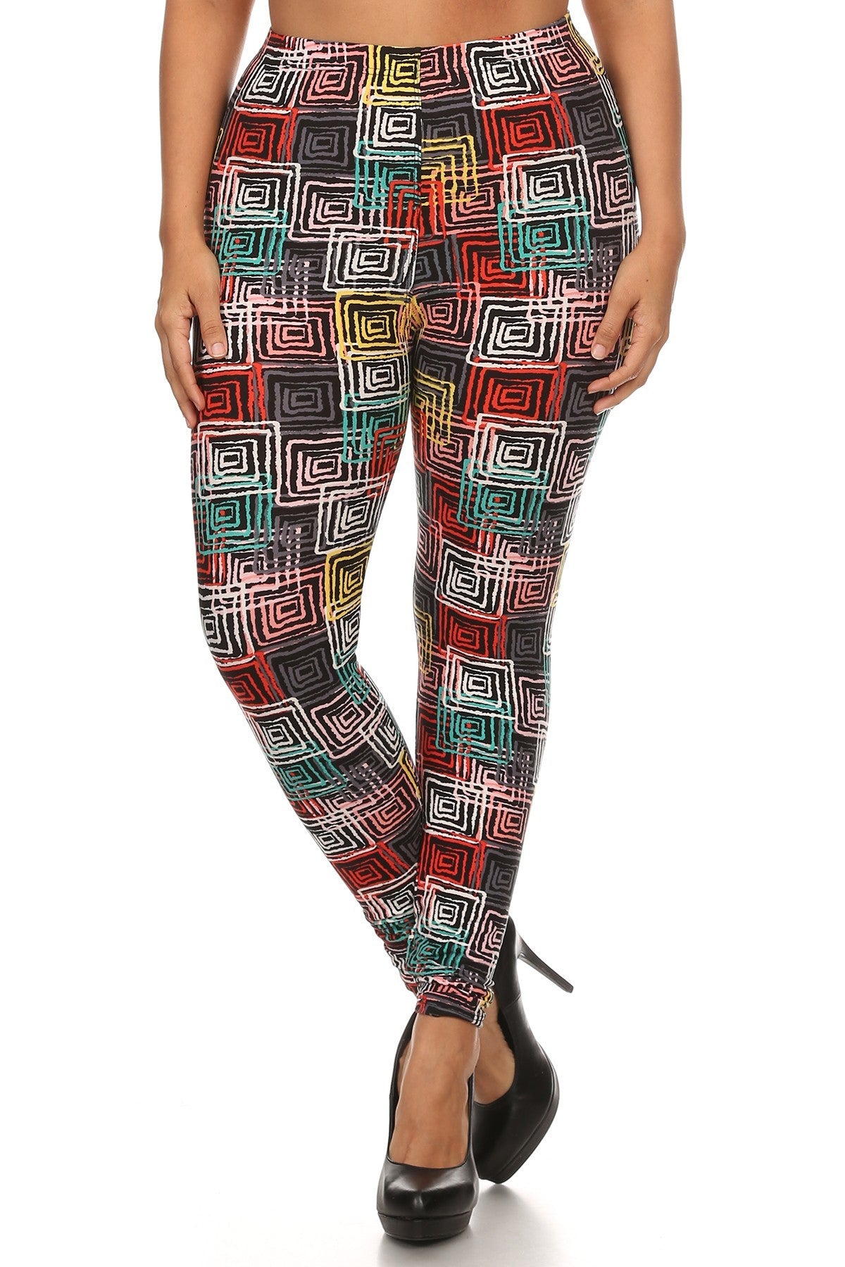 Abstract Geometric Printed Knit Legging With Elastic Waistband, And High Waist Fit