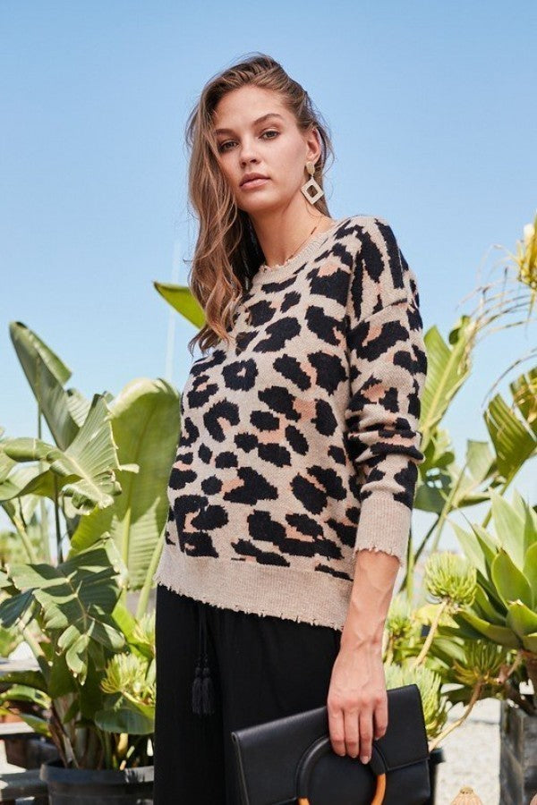 Round Neck Long Sleeve Frayed Edge Leopard Print Sweater