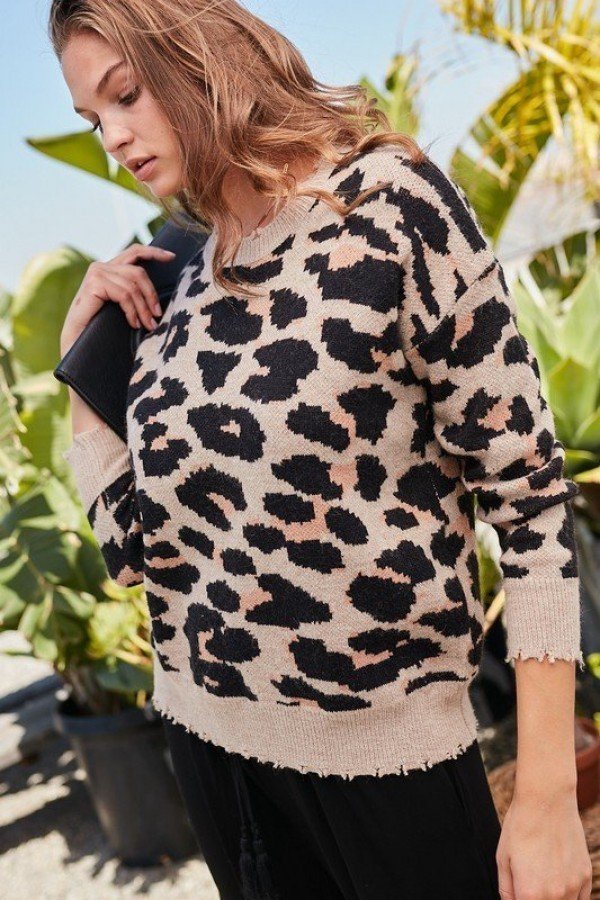 Round Neck Long Sleeve Frayed Edge Leopard Print Sweater