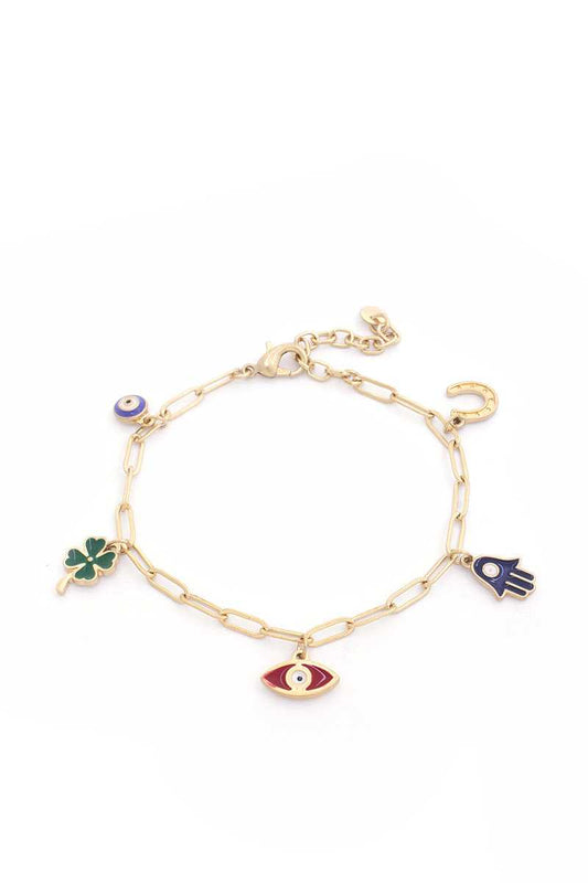 Hamsa Hand Colored Charm Oval Linl Bracelet