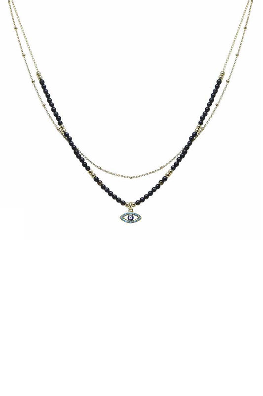 2 Layered Metal Seed Bead Evil Eye Pendant Necklace