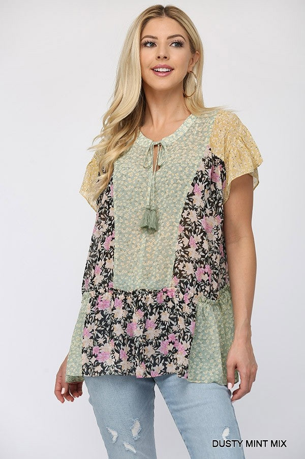 Floral Mixed Print Chiffon Short Top With Front Tassel Tie