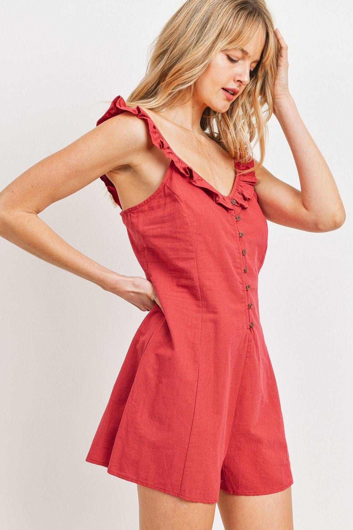 Buttoned Ruffled Strap Rompers