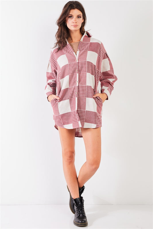 Red & Natural 90s Multi Plaid Oversized Button Down Mini Shirt Dress