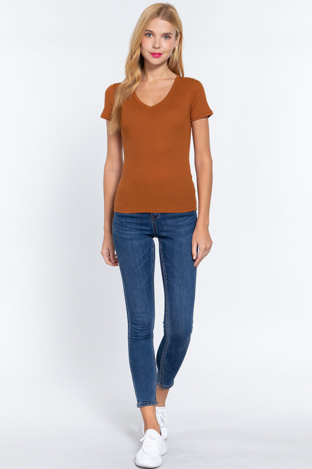 Short Sleeve V-neck Rib Top