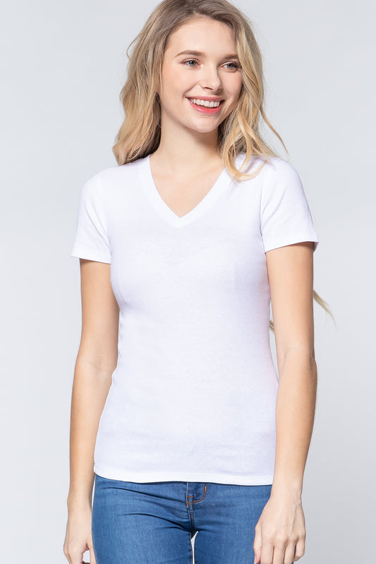 Short Sleeve V-neck Rib Top