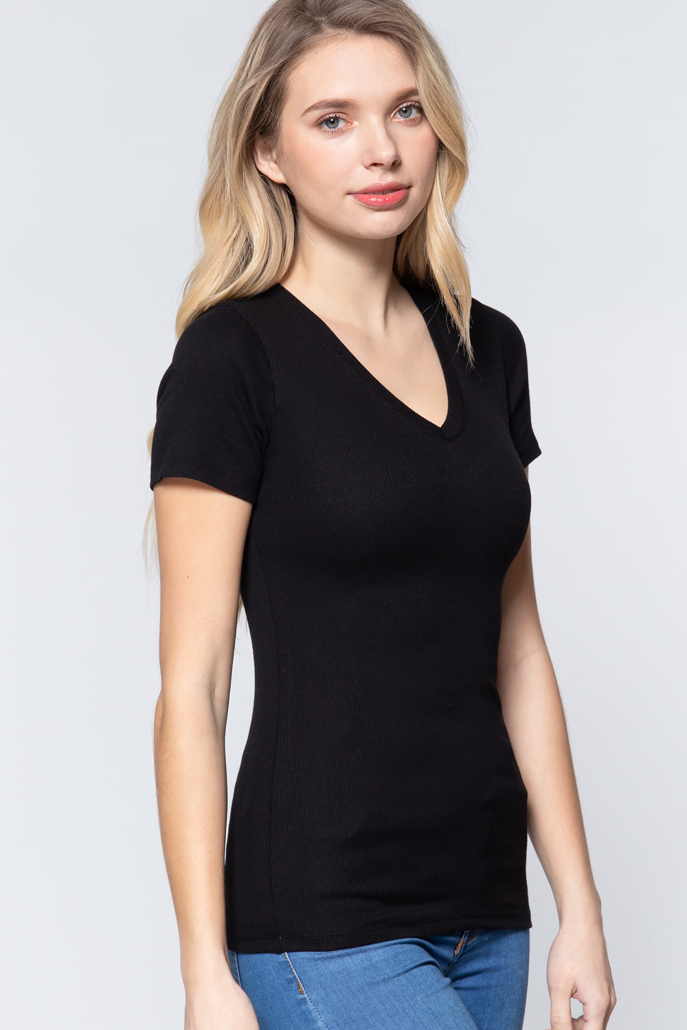 Short Sleeve V-neck Rib Top