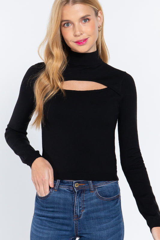 Long Slv Mock Neck Keyhole Sweater