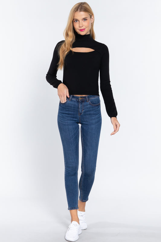 Long Slv Mock Neck Keyhole Sweater