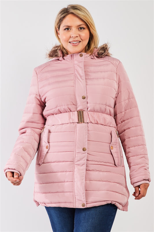 Plus Parallel Quilt Faux Fur Hood Belted Padded Long Puffer Jacket