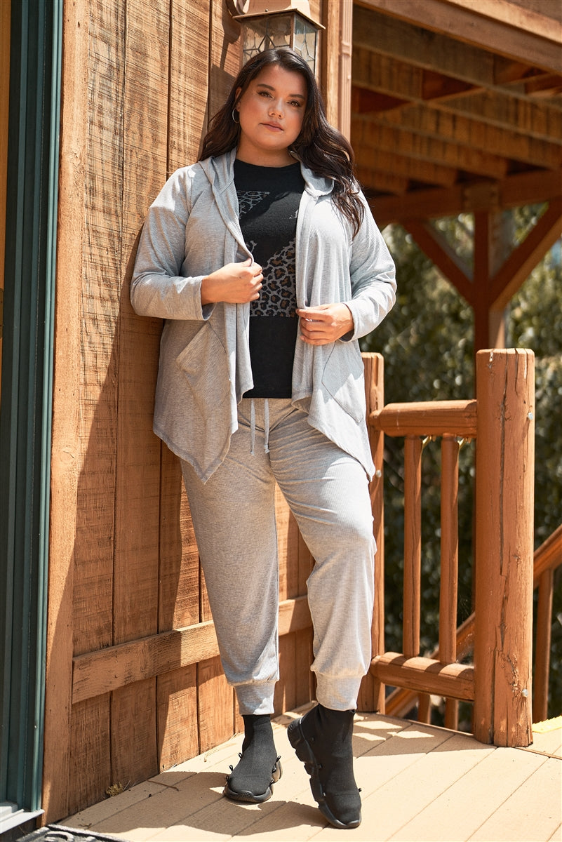 Plus Heather-grey Ribbed Long Sleeve Open Front Hooded Top & High-waisted Sweatpants Two Piece Set