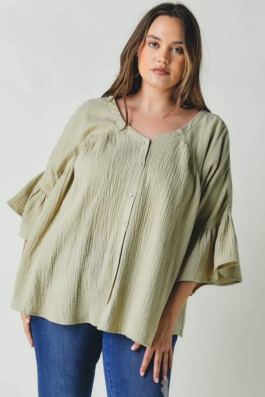 Plus Solid V Neck Button Down Top