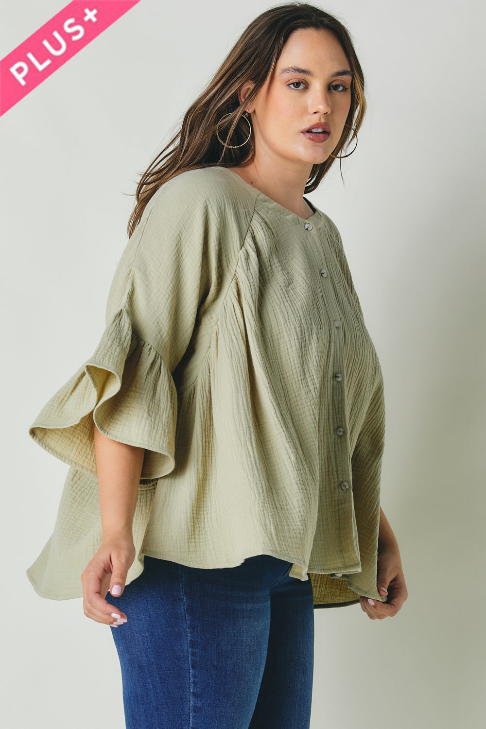 Plus Solid V Neck Button Down Top