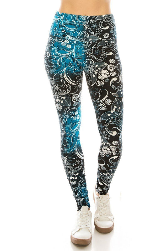 Long Yoga Style Banded Lined Multi Printed Knit Legging With High Waist