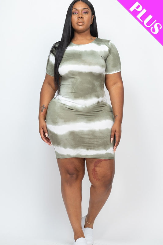 Plus Size Stripe Tie-dye Printed Midi Dress