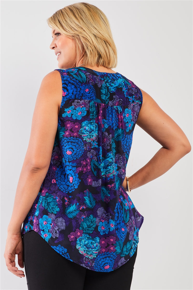 Plus 100% Silk Blue & Purple Floral Print Sleeveless Button Down Top