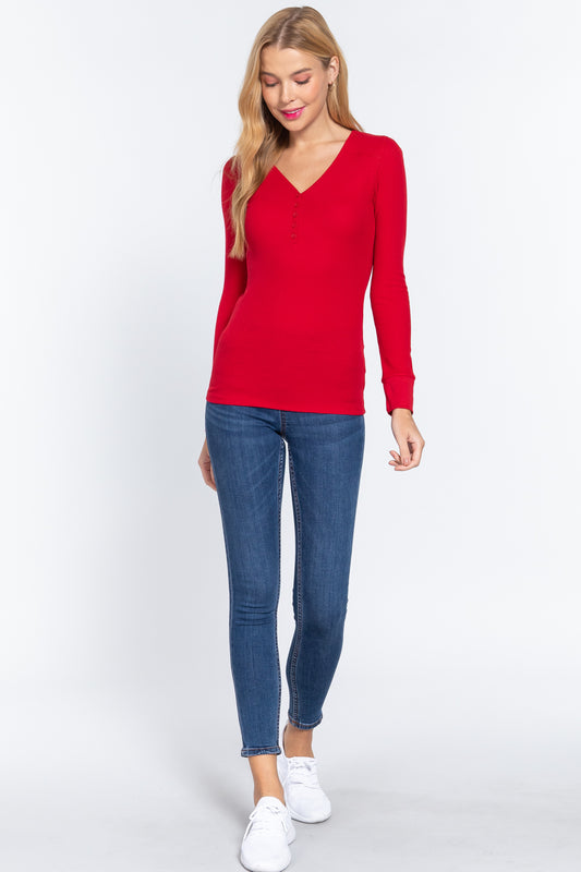 Long Slv V-neck Placket Thermal Top