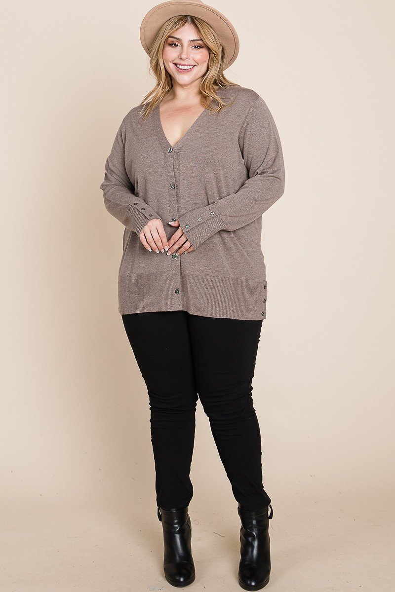 Plus Size Solid Buttery Soft V Neck Button Up High Quality Two Tone Knit Cardigan