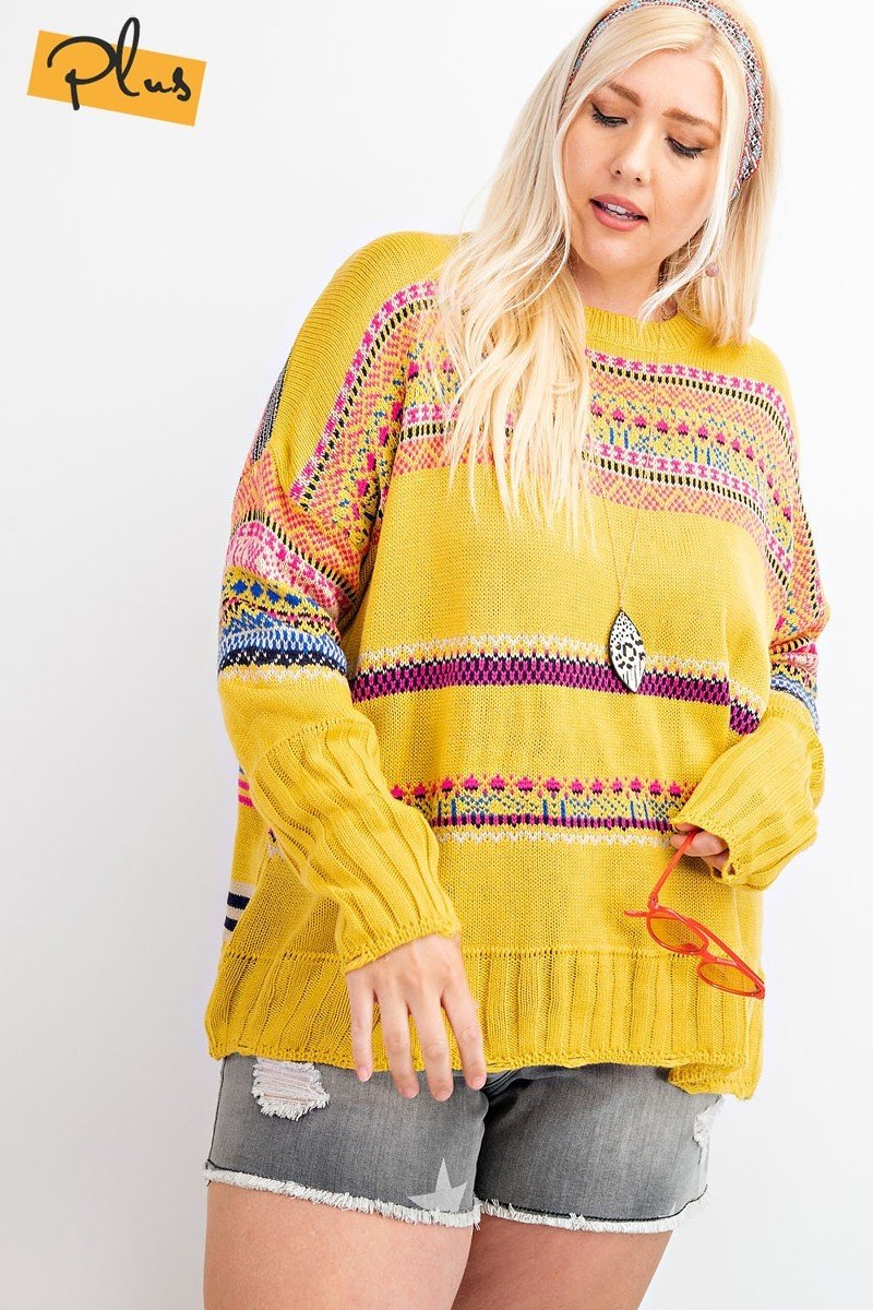 Plus Size Boho Patterned Knitted Sweater Pullover