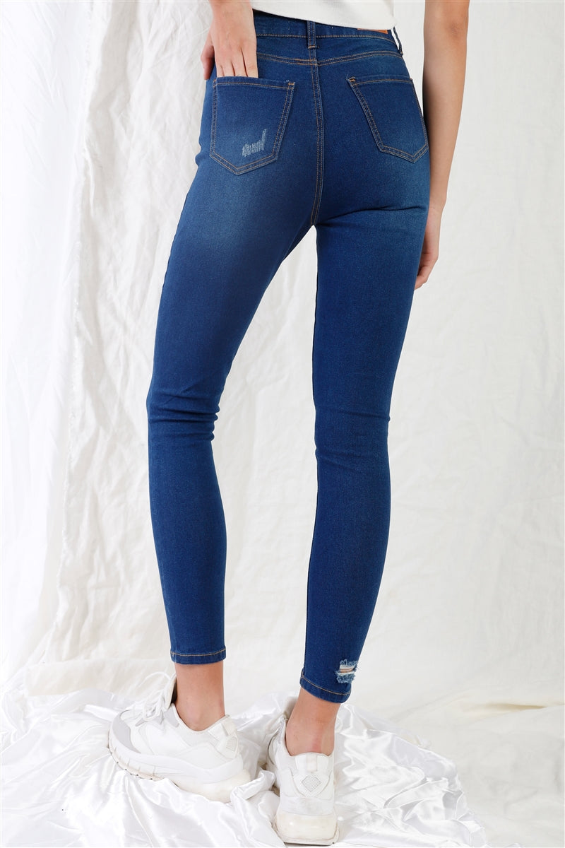 Dark Blue High-waisted With Rips Skinny Denim Jeans