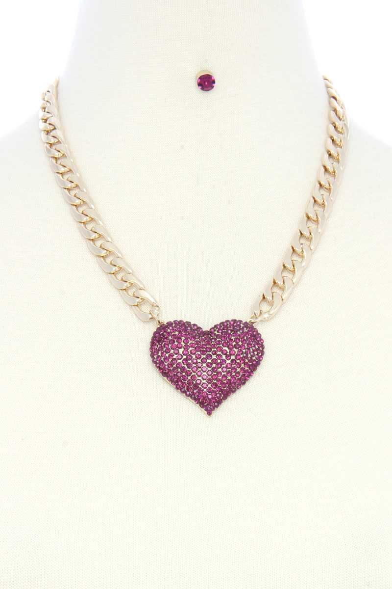 Rhinestone Heart Pendant Chunky Cuban Link Necklace
