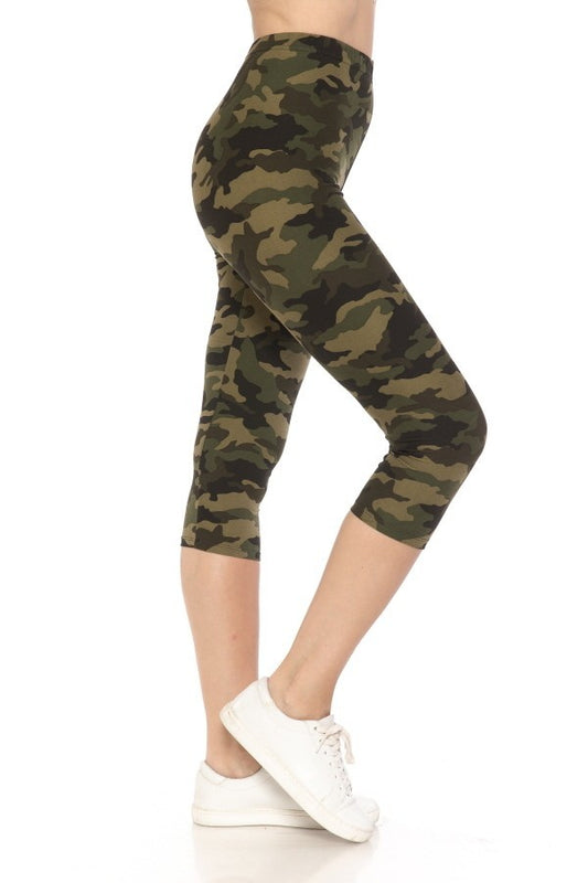 Multi-color Print, Cropped Capri Leggings In A Fitted Style With A Banded High Waist