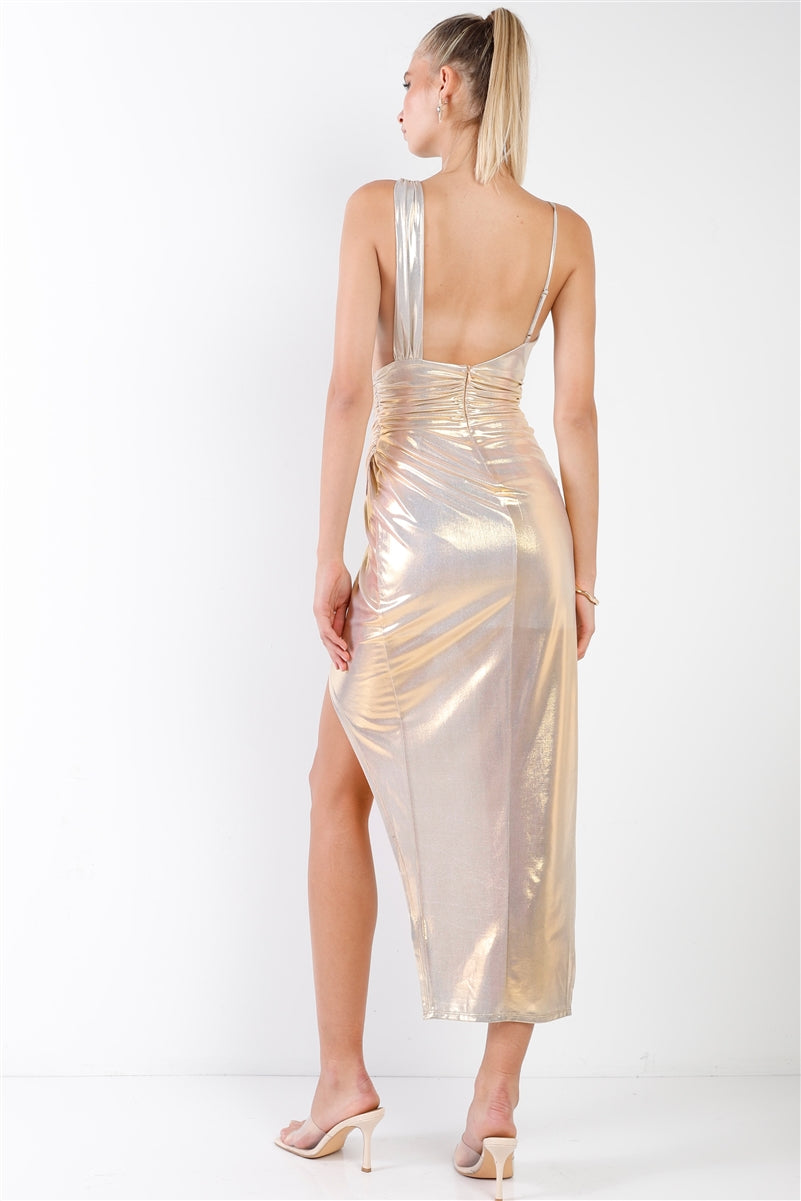 Gold Iridescent V-neck Wrap Gathered Deep Side Slit Different Straps Maxi Dress