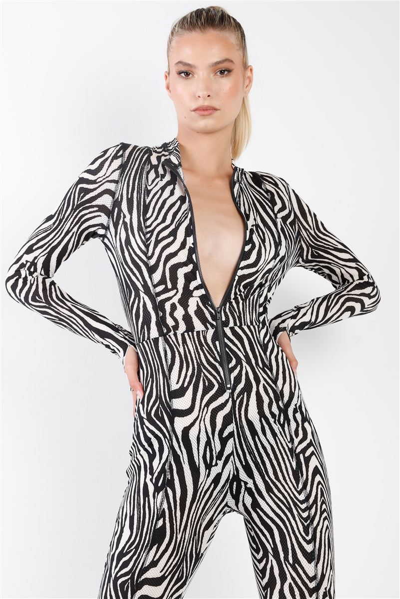 Black & White Zebra Print Long Sleeve High-neck Front Zip Fitted Catsuit / Jumpsuit