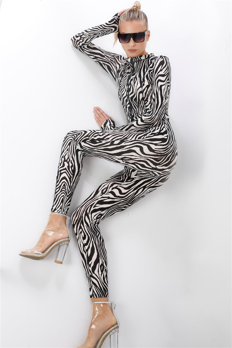 Black & White Zebra Print Long Sleeve High-neck Front Zip Fitted Catsuit / Jumpsuit