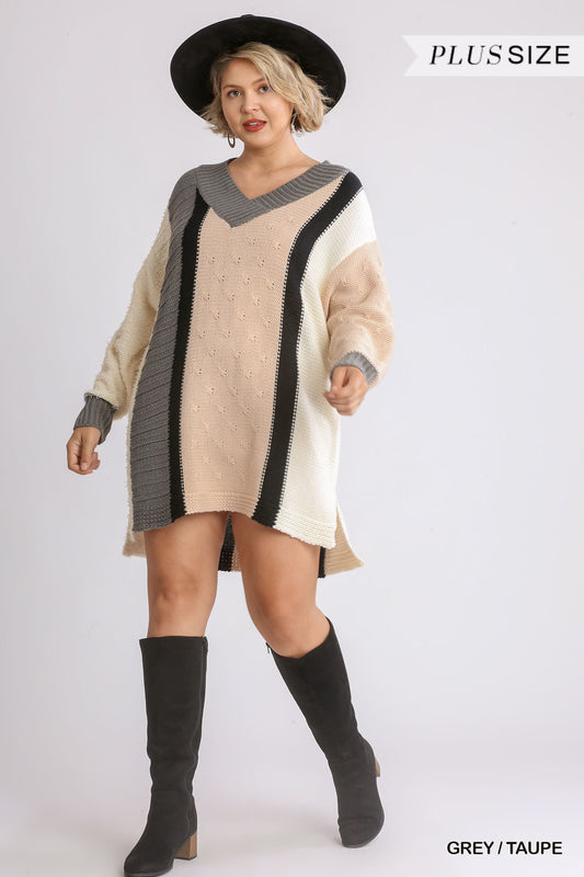 Oversized Multicolor Bouclé V-neck Pullover Sweater Dress With Side Slit