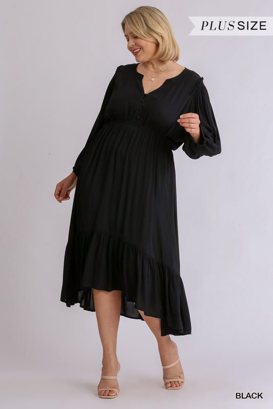 Split Neck Button Front Dolman Sleeve High Low Dress