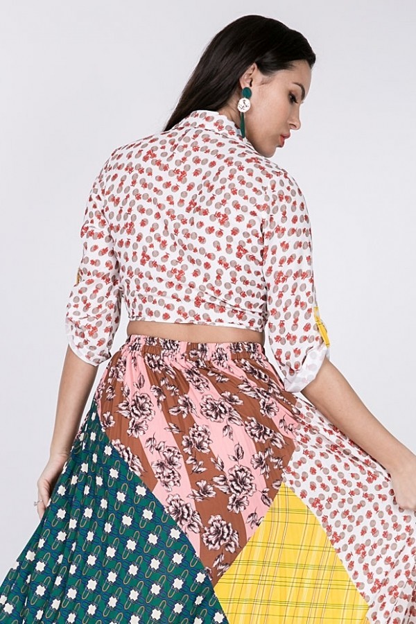 Tied Front Roll Up Sleeve Print Crop Top