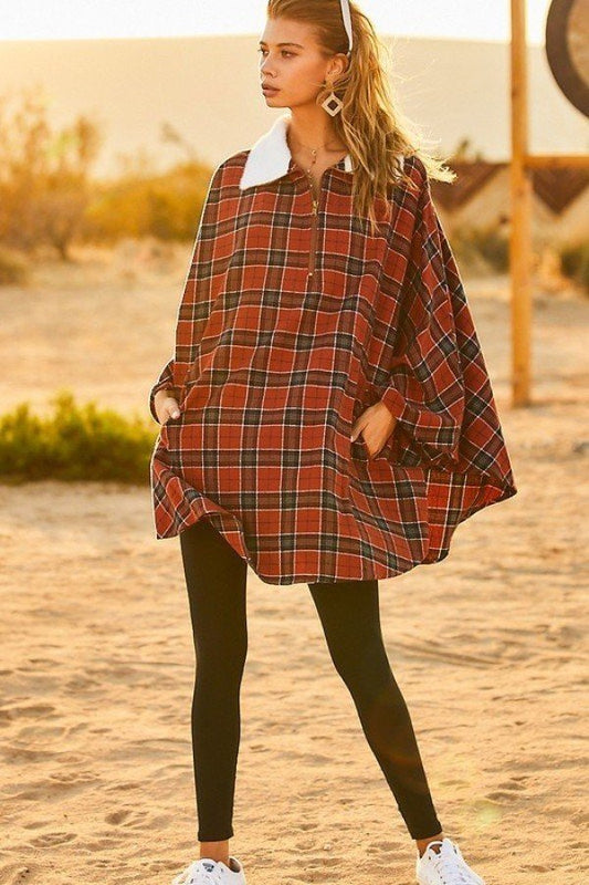 Mock Neck With Zipper Contrast Inside Front Pocket Plaid Poncho