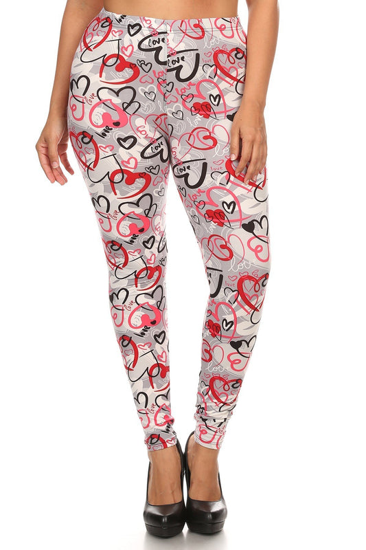 Plus Size Heart Print, Full Length Leggings In A Slim Fitting Style With A Banded High Waist