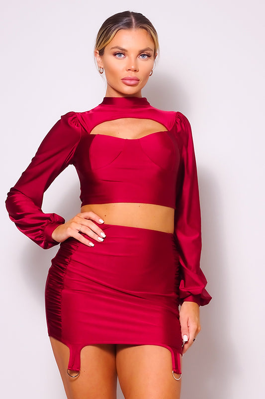 Puff Long Sleeve Front Cutout Turtleneck Blouse & Side Ruched Garter Mini Skirt Set