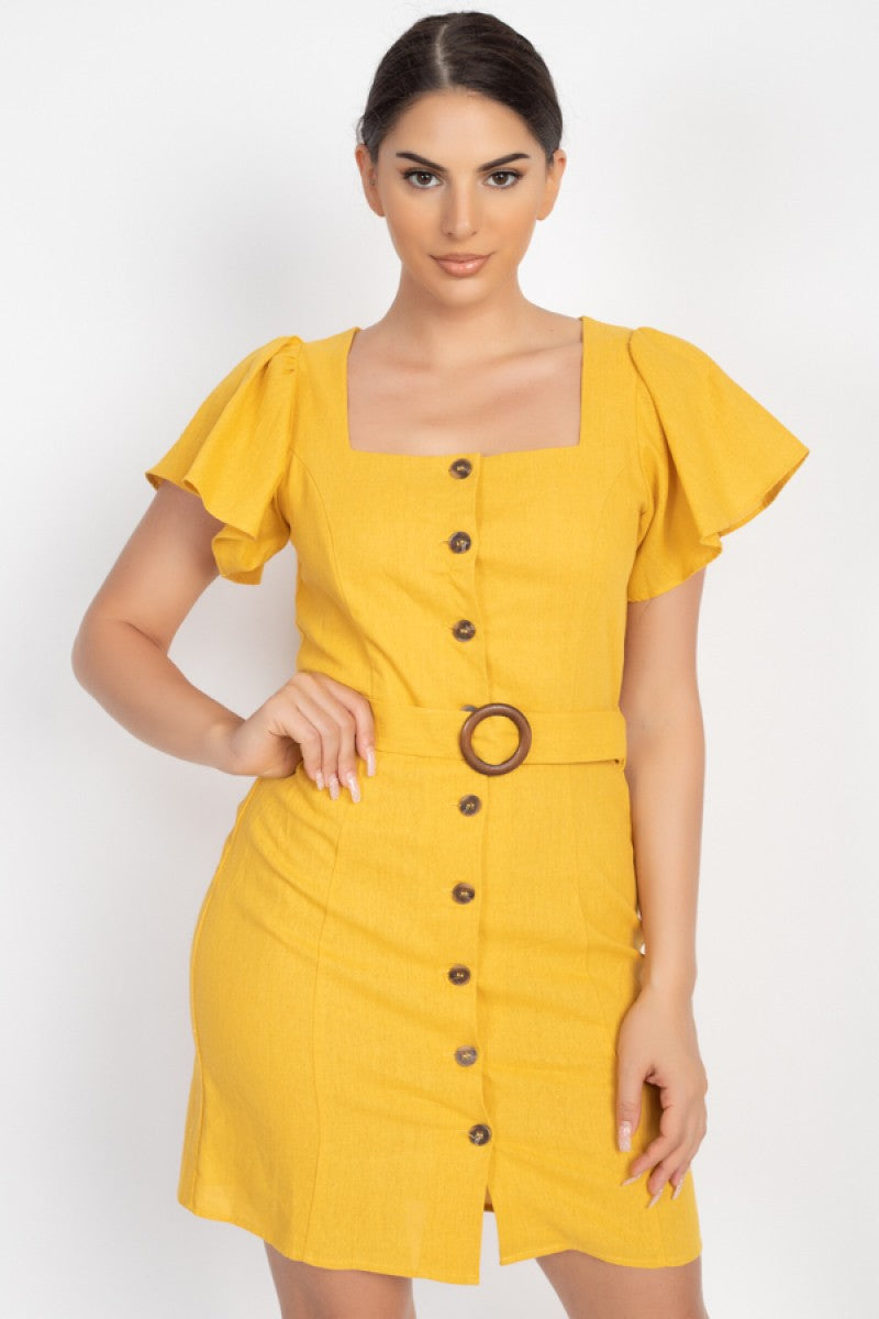 Button-front Butterfly Sleeve Dress
