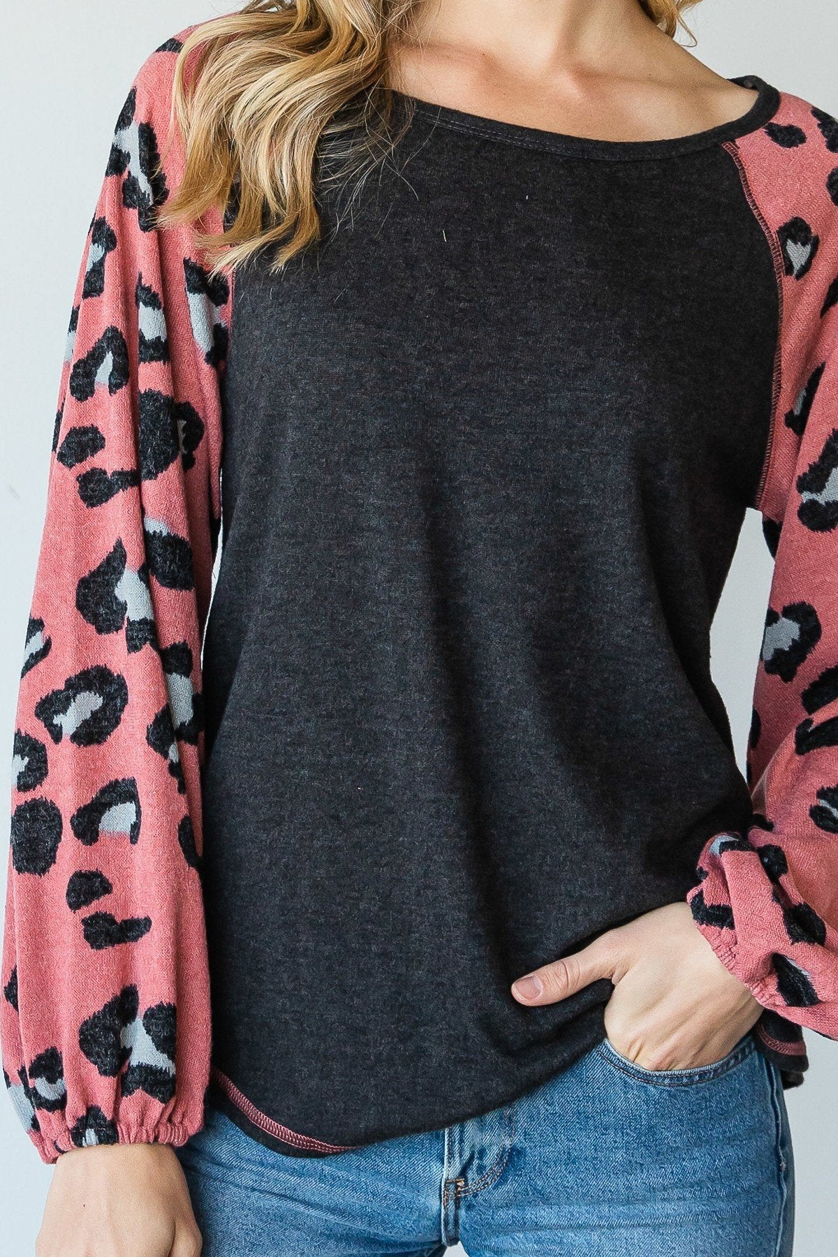 Round Neckline And Animal Print Color Block Top